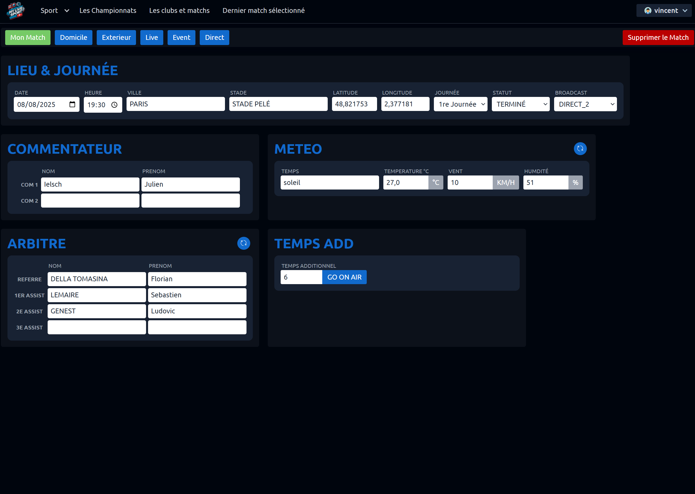 Paramètres de contexte du match dans MY-LIVE-SPORT